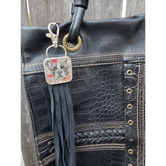 Handmade boho French bulldog Leather Fringe Western bag charm, Long keychain - Picture 1 of 3